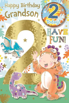 Grandson 2nd Birthday Card & Badge - Gold Foil Number 2 Boy as Dinosaur 9x6" Grandson 2nd Birthday Card & Badge - Gold Foil Number 2 Boy as Dinosaur 9x6"