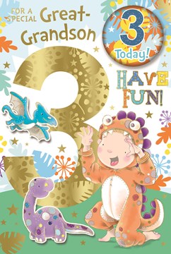 Great Grandson 3rd Birthday Card & Badge - 3 Today Boy as Dinosaur 9x6"
