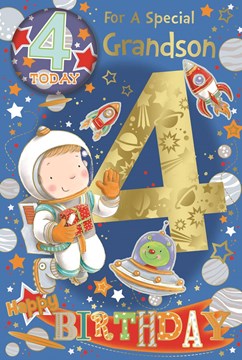 Grandson 4th Birthday Card & Badge - 4 Today Boy in Space Gold Foil 9" x 6" Grandson 4th Birthday Card & Badge - 4 Today Boy in Space Gold Foil 9" x 6"
