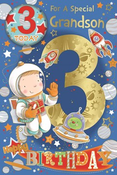 Grandson 3rd Birthday Card & Badge - Gold Foil 3 & Boy in Space  9" x 6"