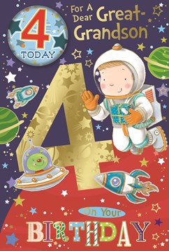 Great Grandson 4th Birthday Card & Badge - 4 Today Boy in Space 9" x 6" Great Grandson 4th Birthday Card & Badge - 4 Today Boy in Space 9" x 6"