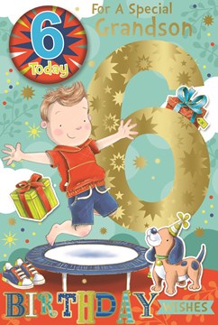 Grandson 6th Birthday Card & Badge - 6 Today Boy on Trampoline Gold Foil 9" x 6"