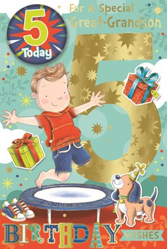 Great-Grandson 5th Birthday Card & Badge - Boy on Trampoline with Gold Foil 9x6"
