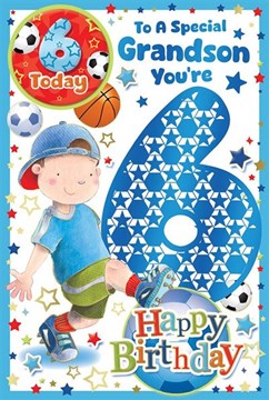 Grandson 6th Birthday Card & Badge - 6 Today Boy with Football & Blue Foil 9x6"