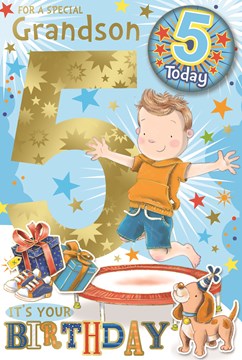 Grandson 5th Birthday Card & Badge - 5 Today Boy on Trampoline Gold Foil 9" x 6"