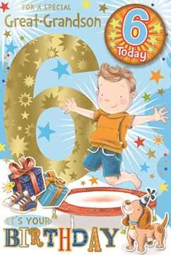 Great-Grandson 6th Birthday Card & Badge - Boy on Trampoline with Gold Foil 9x6" Great-Grandson 6th Birthday Card & Badge - Boy on Trampoline with Gold Foil 9x6"