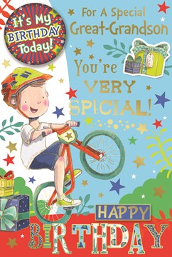 Great Grandson Birthday Card & Badge - Little Boy on Bike Gifts & Gold Foil 9x6"