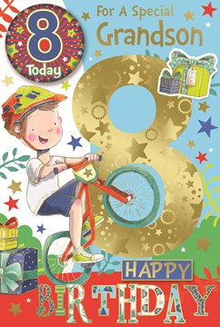 Grandson 8th Birthday Card & Badge - 8 Today Boy on Bike with Gold Foil 9"x6"