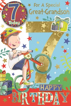 Great Grandson 7th Birthday Card & Badge - Boy on Bike with Gold Foil 9" x 6"
