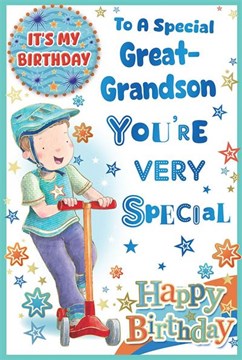 Great Grandson Birthday Card & Badge - Boy on Scooter with Blue Foil 9x6" Great Grandson Birthday Card & Badge - Boy on Scooter with Blue Foil 9x6"