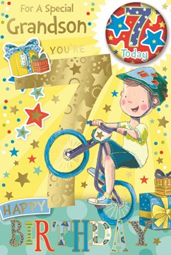 Grandson 7th Birthday Card & Badge - 7 Today Boy on Bike with Gold Foil 9x6"