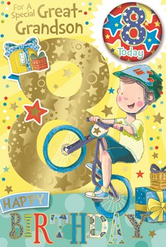 Great-Grandson 8th Birthday Card & Badge - Boy on Bike with Gold Foil 9" x 6" Great-Grandson 8th Birthday Card & Badge - Boy on Bike with Gold Foil 9" x 6"