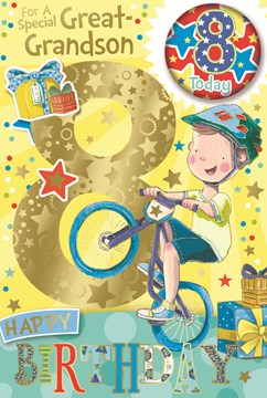 Great-Grandson 8th Birthday Card & Badge - Boy on Bike with Gold Foil 9" x 6"