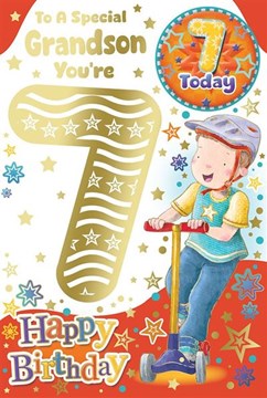 Grandson 7th Birthday Card & Badge - 7 Today Boy on Scooter with Gold Foil 9x6"
