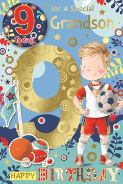 Grandson 9th Birthday Card & Badge - Gold Foil 9 & Boy with Football 9" x 6" Grandson 9th Birthday Card & Badge - Gold Foil 9 & Boy with Football 9" x 6"