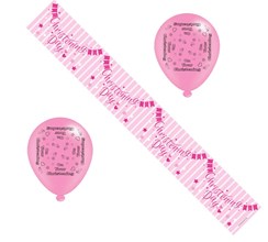 Pink Baby Girl Christening Day Party Pack - Foil Banner and Pink Balloons