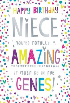 Niece Birthday Card - Multicoloured Spots Silver Foil - In The Genes 7.5x5.25"