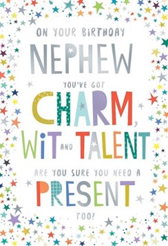 Nephew Birthday Card - Multicoloured Stars Silver Foil - Charm Wit 7.5x5.25" Nephew Birthday Card - Multicoloured Stars Silver Foil - Charm Wit 7.5x5.25"