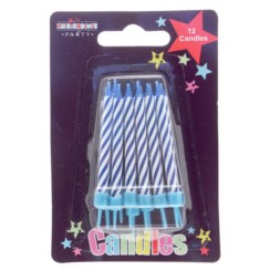 Pack Of 12 Blue & White Stripes Glitter Birthday Party Wax Cake Candles