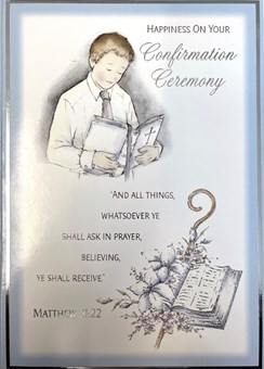 Confirmation Day Card - Boy with Bible Blue Border and Silver Foil 7.5x5.25"
