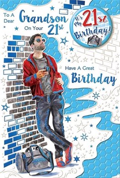 Grandson 21st Birthday Card & Badge - Age 21 Man with Phone Gym Bag & Foil 9x6"