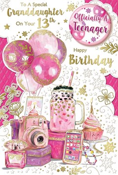 Granddaughter 13th Birthday Card & Badge - Age 13 Pink Balloons Milkshake 9x6"