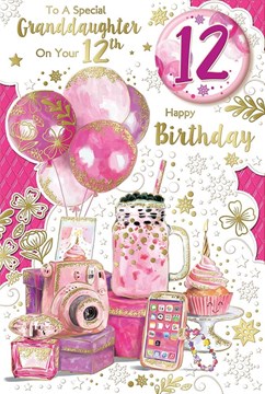 Granddaughter 12th Birthday Card & Badge - Age 12 Pink Balloons Milkshake 9x6"