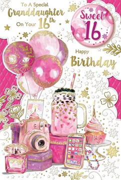 Granddaughter 16th Birthday Card & Badge - Age 16 Pink Balloons Milkshake 9x6"