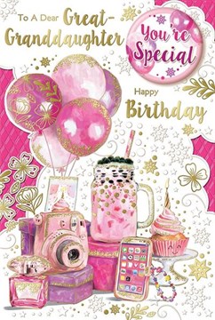 Great Granddaughter Birthday Card & Badge - Pink Balloons Milkshake 9x6"