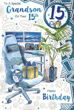 Grandson 15th Birthday Card & Badge - Age 15 Gaming Chair Desk Blue Foil 9x6"