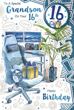 Grandson 16th Birthday Card & Badge - Age 16 Gaming Chair Desk Blue Foil 9x6"
