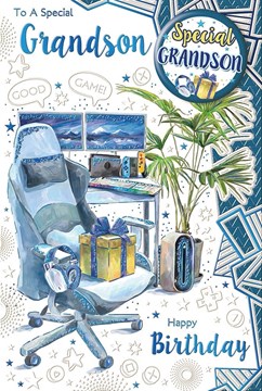 Special Grandson Birthday Card & Badge - Blue Gaming Chair & Desk with Foil 9x6"