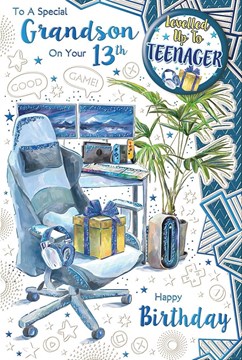 Grandson 13th Birthday Card & Badge Age 13 Teenager Gaming Chair Desk Foil 9x6"