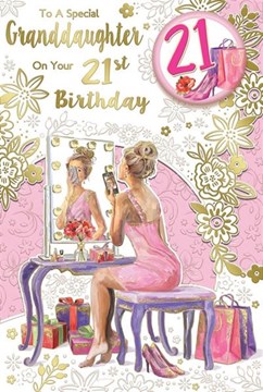 Granddaughter 21st Birthday Card & Badge - Age 21 Lady at Dressing Table 9x6"
