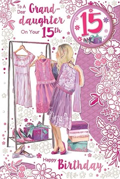 Granddaughter 15th Birthday Card & Badge - Age 15 Girl with Dresses 9x6"