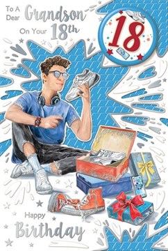 Grandson 18th Birthday Card & Badge - Age 18 Boy with Trainers Silver Foil 9x6"