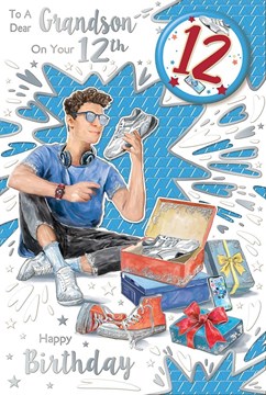 Grandson 12th Birthday Card & Badge - Age 12 Boy with Trainers Silver Foil 9x6" Grandson 12th Birthday Card & Badge - Age 12 Boy with Trainers Silver Foil 9x6"