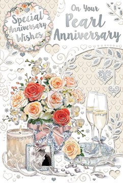 Pearl 30th Wedding Anniversary Card - Champagne Glasses Flowers Silver Foil 9x6"