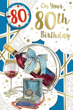 Age 80 Male Birthday Card 80th & Badge - Red Wine Watch and Gold Foil 9x6"