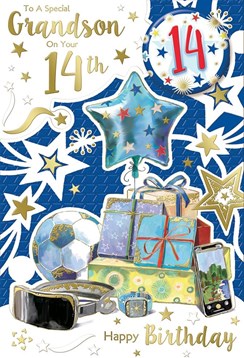 Grandson 14th Birthday Card & Badge - Age 14 Presents Star Balloon Football Foil