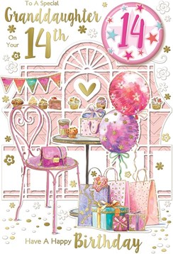 Granddaughter 14th Birthday Card & Badge - Age 14 Table Chair Balloons 9x6" Granddaughter 14th Birthday Card & Badge - Age 14 Table Chair Balloons 9x6"