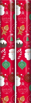 8m (2 x 4m) Cute Christmas Gift Wrap Paper Roll - Santa Faces Baubles & Puddings