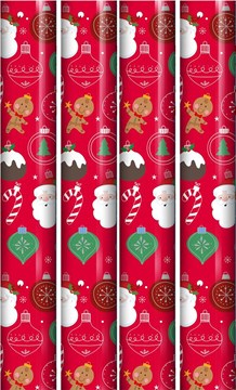 16m (4x4m) Christmas Gift Wrapping Paper - Red Santa Faces Baubles Candy Cane