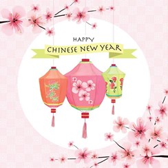 Happy Chinese New Year Greetings Card - Bright Lanterns & Orchids 5.75" x 5.75"