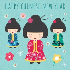 Happy Chinese New Year Greetings Card - Oriental Dolls & Flowers 5.75" x 5.75"