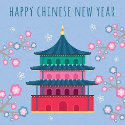 Happy Chinese New Year Greetings Card - Bright Temple & Flowers 5.75" x 5.75"