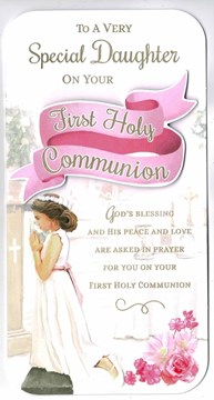 Daughters First Holy Communion Card - Girl Praying in Church Gold Foil 8.75x4"