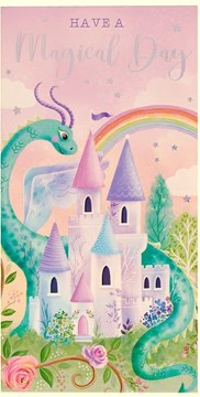 Money Wallet Gift Card & Envelope Pink Fairytale Castle Dragon Silver Foil 7x3.5