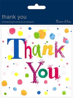Pack Of 6 Thank You Cards & Envelopes - Multicoloured Text Spots