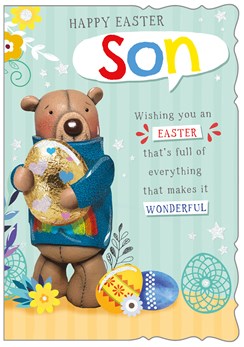 Son Happy Easter Card - Bear with Decorated Egg and Glitter 7" x 5"